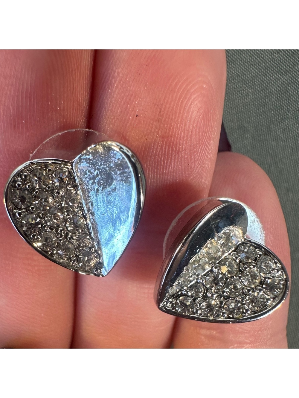 Silver Heart Half Heart Rhinestone Stud Earrings